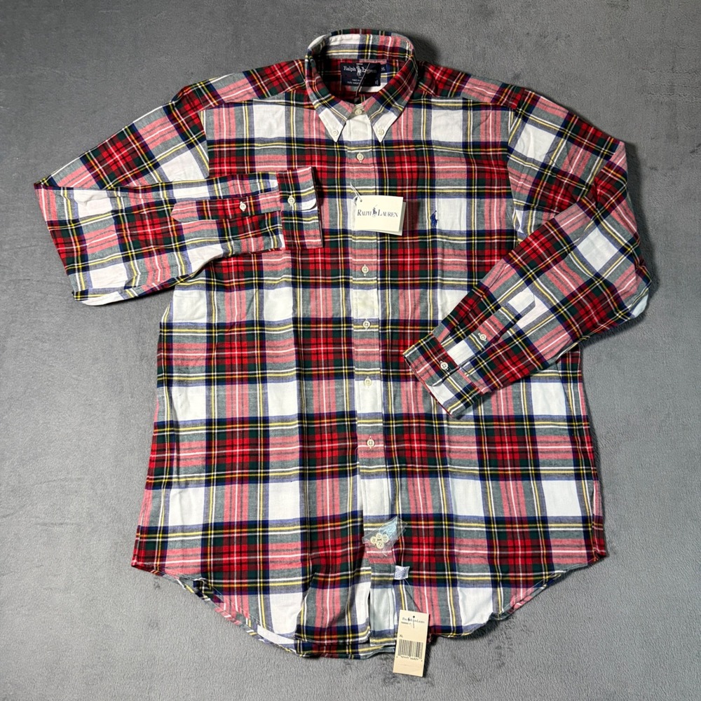 Vintage 80s Ralph Lauren Plaid Shirt Mens XL NWT Made in USA Deadstock Red Green